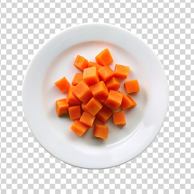 Carrot cube on white plate isolated on transparent background