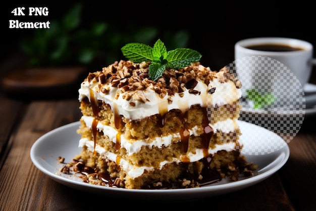 Carrot and walnut cake with cream cheese frosting on transparent background