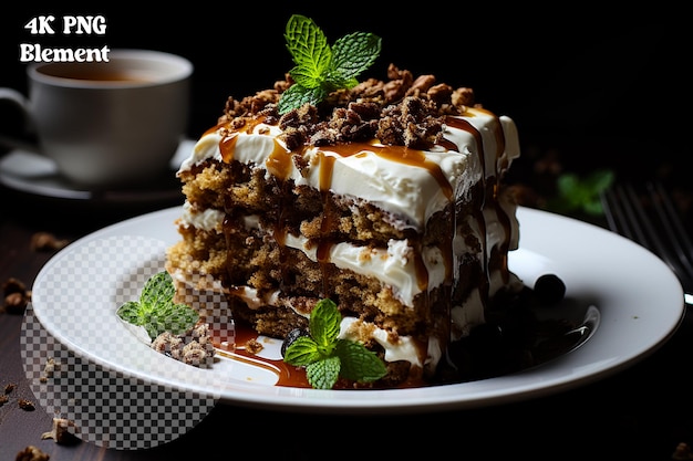 Carrot and walnut cake with cream cheese frosting on transparent background