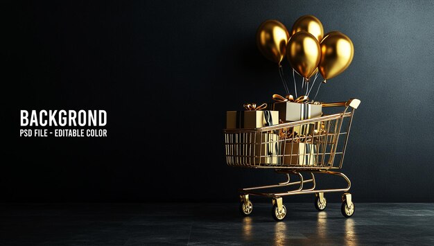 PSD a cart with gold balloons and a sign that says end of the year