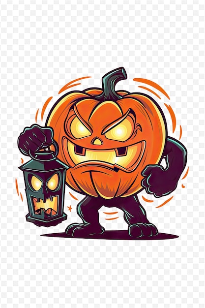 PSD a cartoon angry pumpkin with a scary face and a black barrel with a monster behind it