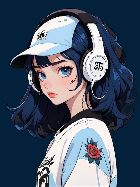 Cartoon beautiful female teenager character with blue hair and big headphones listening to music