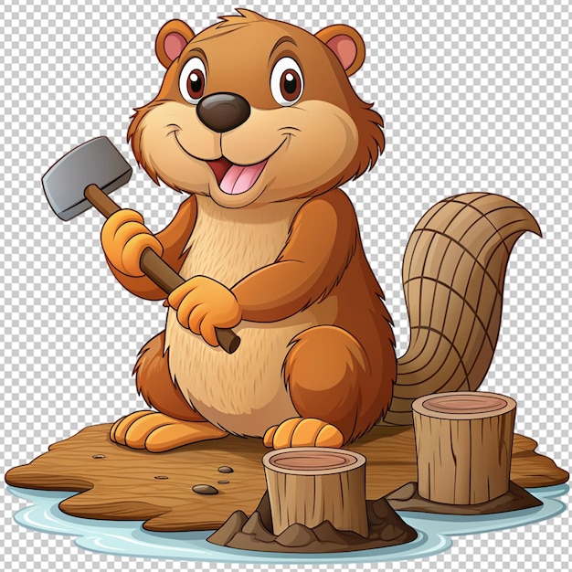 PSD cartoon beaver crafting a dam isolated on transparent background