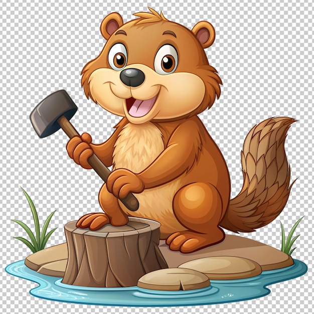 PSD cartoon beaver crafting a dam isolated on transparent background