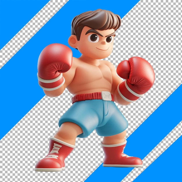 Cartoon Boxer in Red Gloves and Blue Shorts on Diagonal Blue Stripes