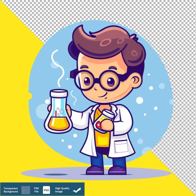 PSD a cartoon of a boy holding a test tube with a bottle of liquid