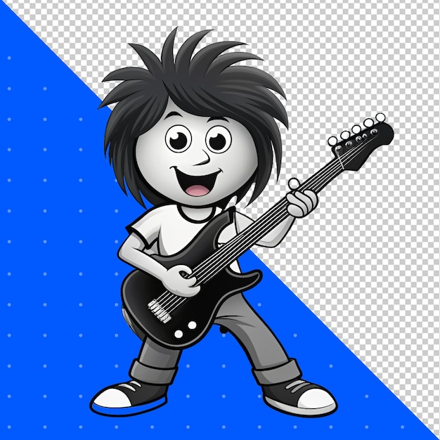 PSD cartoon boy playing the electric guitar black and white vector illustration png transparent