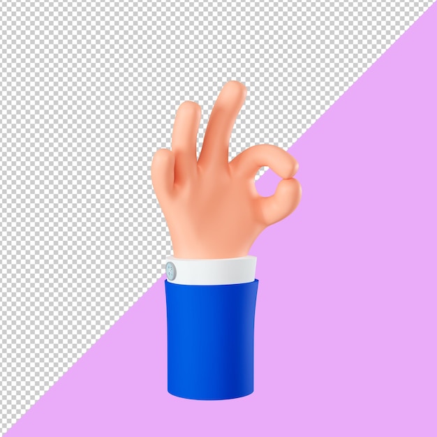 Cartoon business hand shows OK gesture. 3D hand icon with Okay gesture.