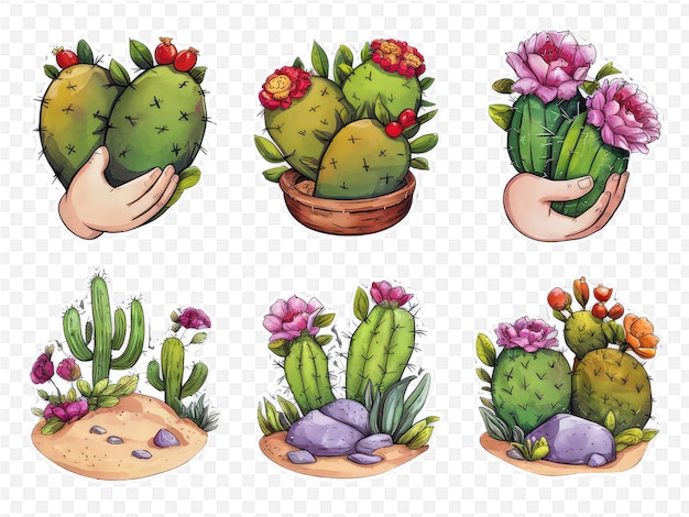 PSD a cartoon of cactus and flowers