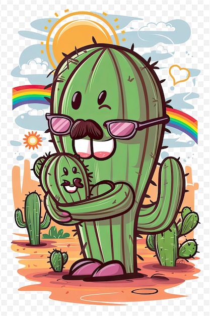 a cartoon of a cactus with glasses and a rainbow in the background