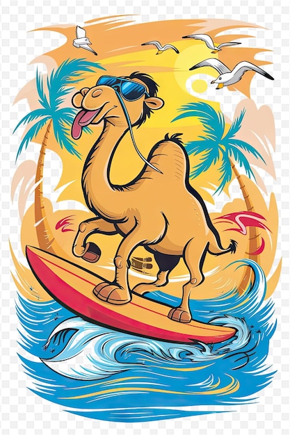 a cartoon of a camel on a surfboard with a palm tree in the background