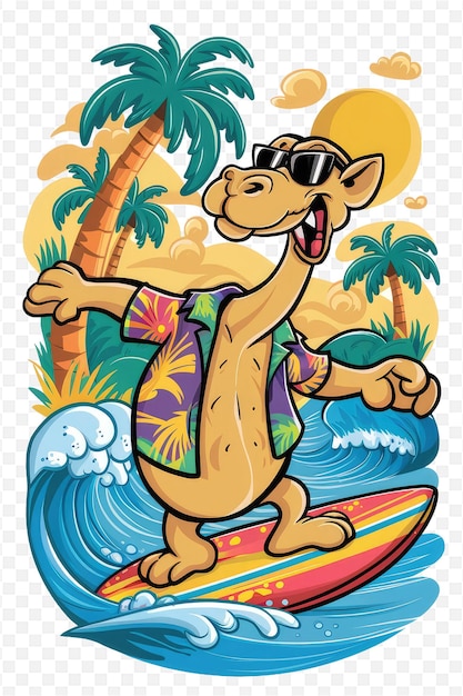 a cartoon of a camel on a surfboard with palm trees in the background