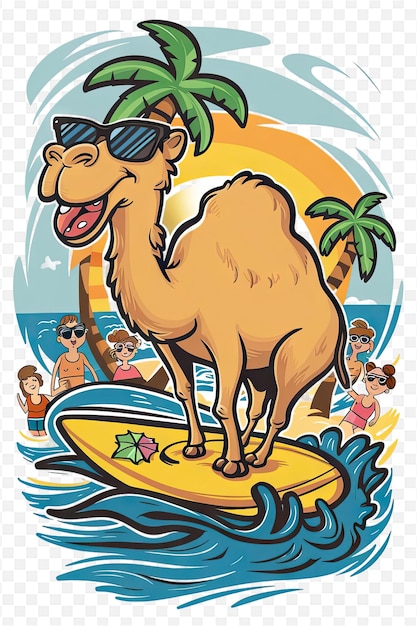 a cartoon of a camel on a surfboard with people riding on it