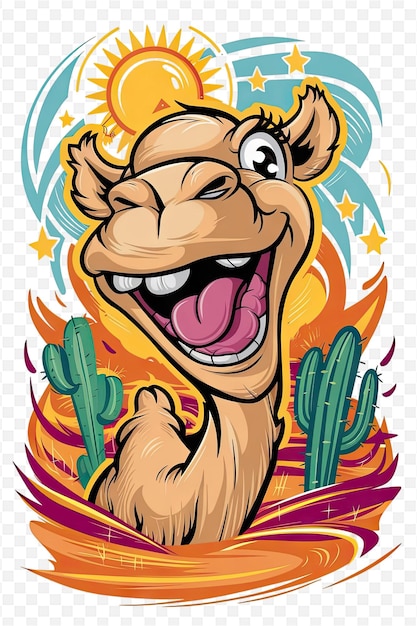 a cartoon camel with a big smile and a cactus