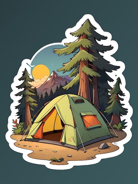 PSD cartoon camping tent in the forest sticker with white contour isolated