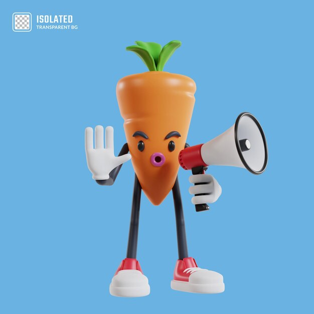 PSD cartoon carrot character striking a pose saying stop using a megaphone