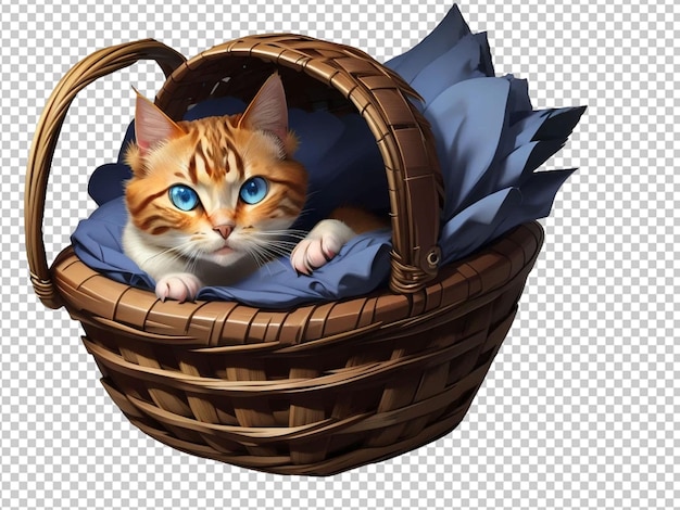 a cartoon cat in a basket with blue eyes