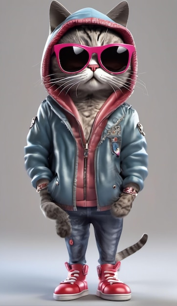 Cartoon Cat in fulllength sunglasses and jacket with hood on Transparent background 3D rendering