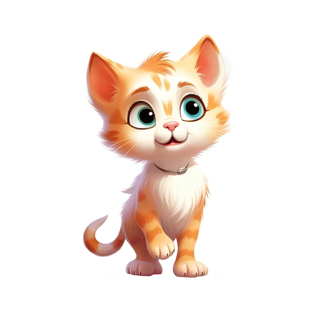 A cartoon cat with blue eyes sits on a white background.