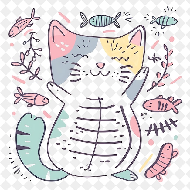 a cartoon cat with fish and a picture of a cat