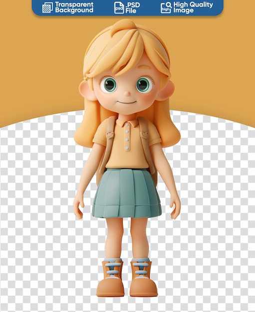 PSD cartoon character of a cute blond girl with a backpack going to school in 3d render illustration