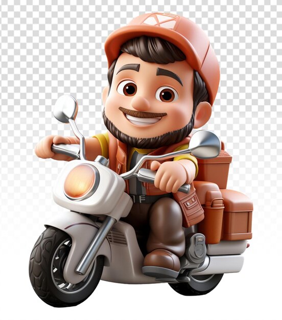 cartoon character delivering packages by motorbike 3d illustration design