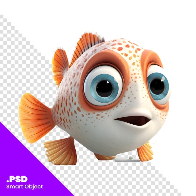 Cartoon character of fish with surprised expression on white background 3D illustration PSD template