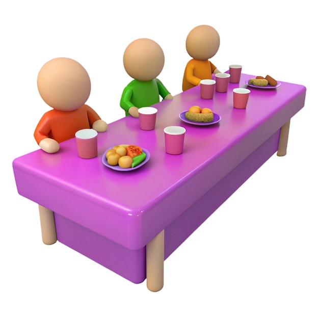 PSD a cartoon character sits at a table with a purple tablecloth