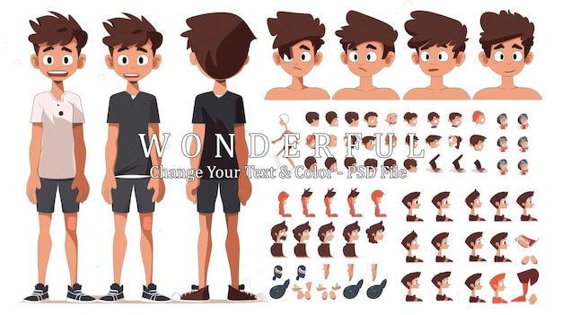 PSD cartoon character spritesheet boy with various poses and expressions