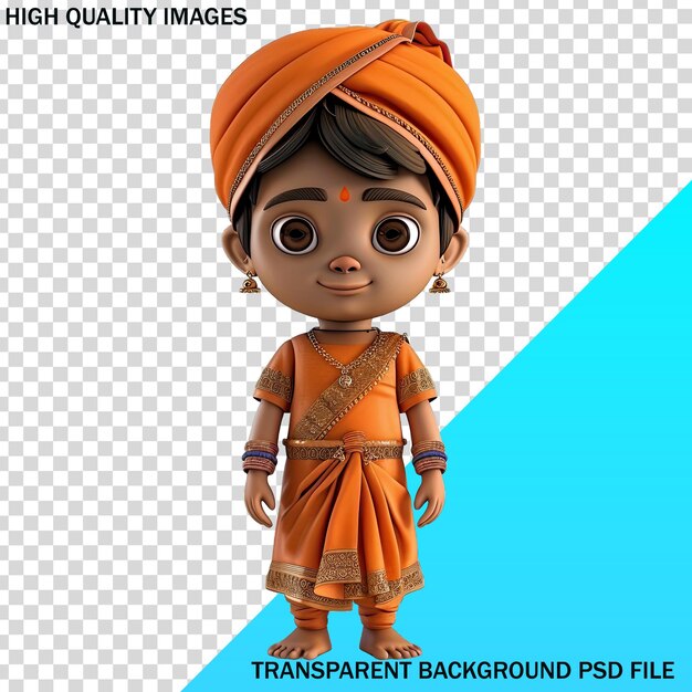 PSD a cartoon character with a blue background and a picture of a man in an orange sari