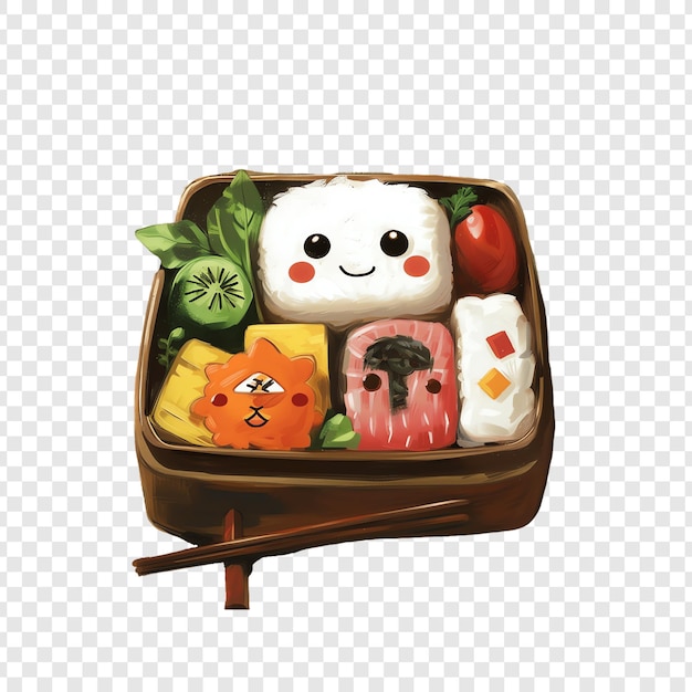 PSD a cartoon character with a face in a suitcase with food and vegetables