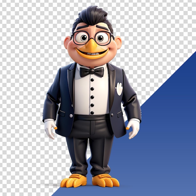 a cartoon character with glasses and bow tie is standing on a blue background