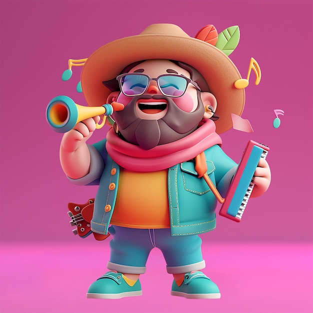 PSD a cartoon character with glasses and a hat is holding a microphone