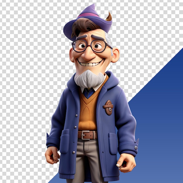 a cartoon character with glasses and a hat is standing in front of a blue background