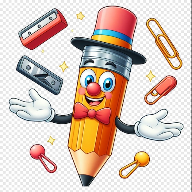 a cartoon character with a pencil and a pencil with a red bow tie