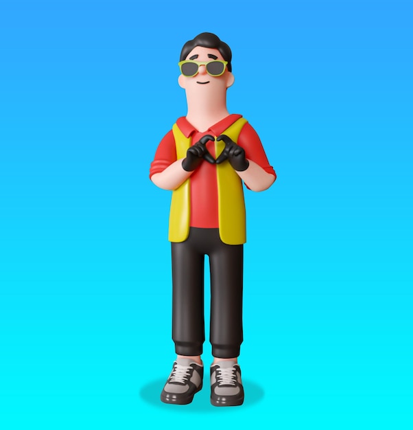 A cartoon character with a yellow vest and sunglasses and a red vest that says love you.