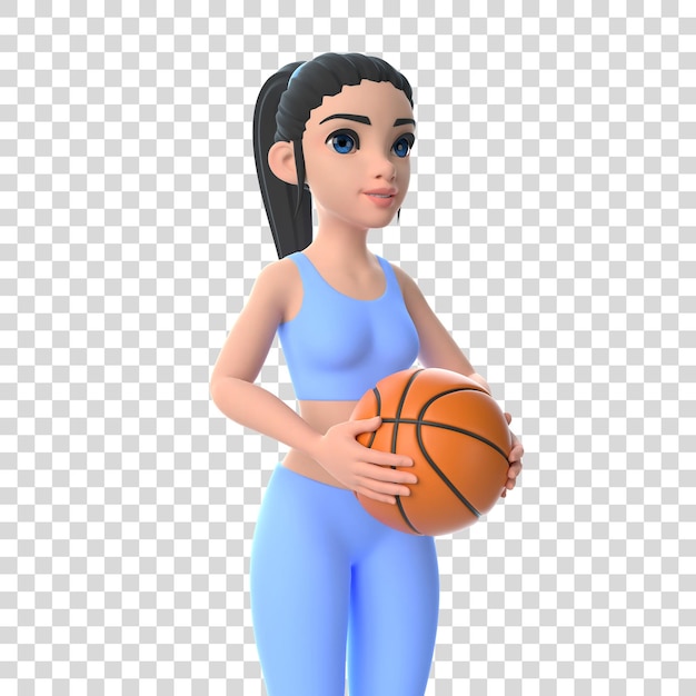 Cartoon character woman in sportswear holding basketball ball isolated on white background 3D render