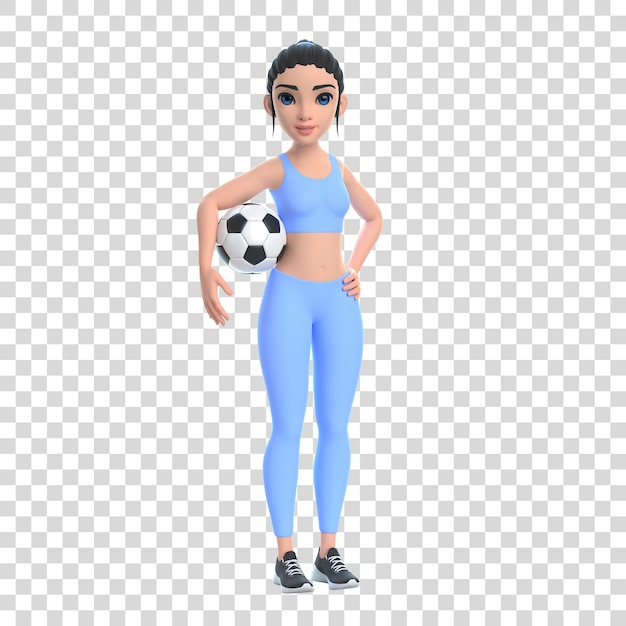 Cartoon character woman in sportswear holding soccer ball isolated on white background 3D render