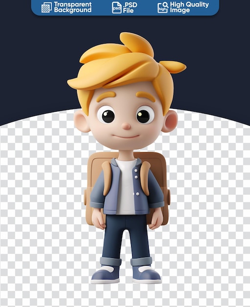 Cartoon chibi cute blond boy with a backpack in 3D render illustration going to school