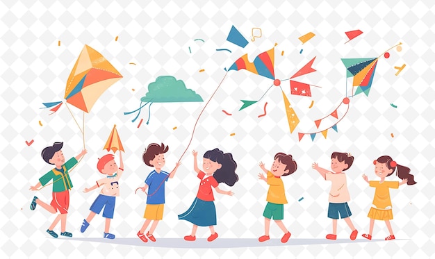 a cartoon of children flying kites with a picture of a boy and girl