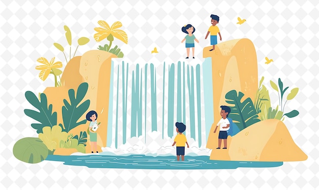 PSD a cartoon of children playing in a waterfall with a couple of children playing in the water