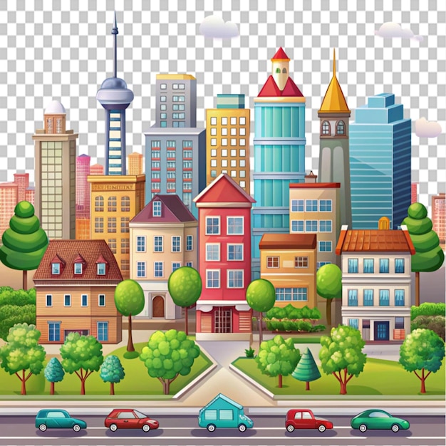 PSD cartoon city on transparent background