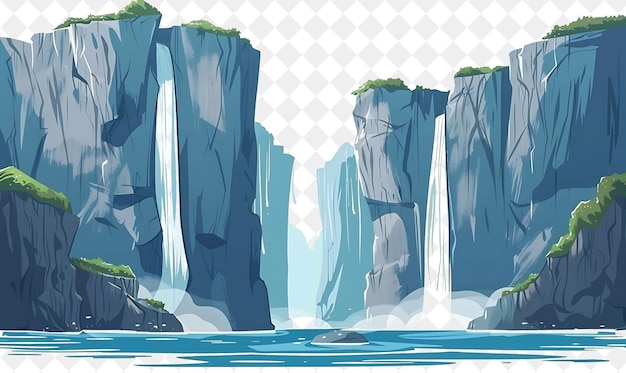 PSD a cartoon of a cliff with a green face and a waterfall in the middle