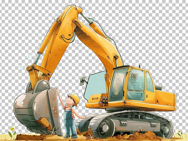 PSD cartoon construction worker with a yellow excavator