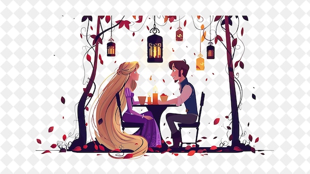 PSD a cartoon of a couple sitting at a table with a candle in the middle