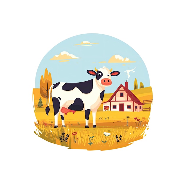 PSD cartoon cow against a picturesque farm cartoon illustration