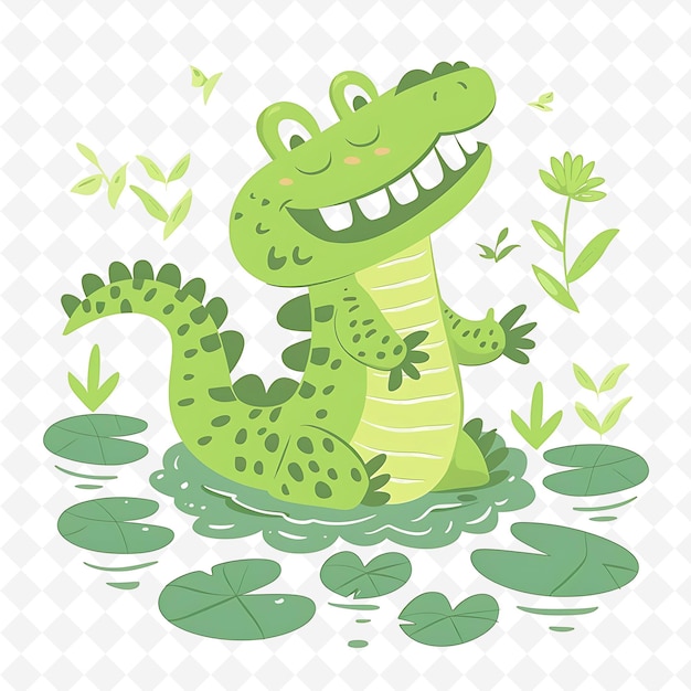 PSD a cartoon of a crocodile in a pond with leaves and plants