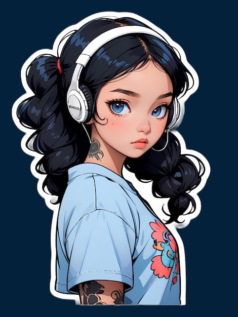 Cartoon cute female teenager character with blue hair and big headphones sticker with white border