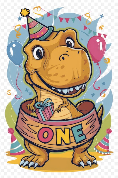 PSD a cartoon dinosaur with a birthday hat and balloons