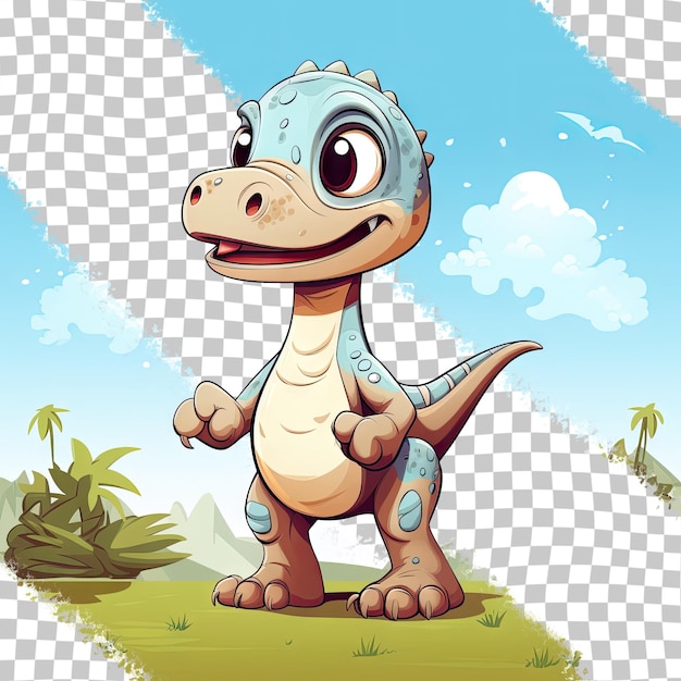 a cartoon of a dinosaur with a blue sky and clouds in the background.